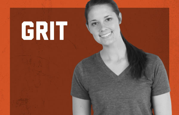 GRIT Logo with image of a woman on an orange background