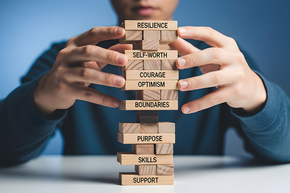 Man playing a game that looks like Jenga with resilience and mental health-related words on the pieces
