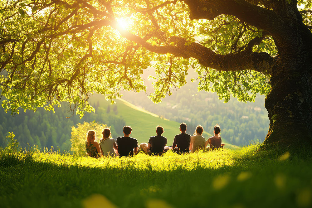 Group of people sitting under a larger tree enjoying a beautiful day