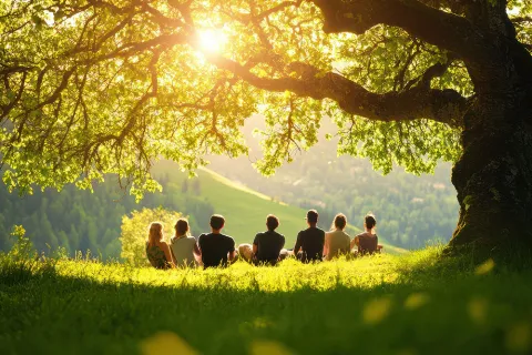Group of people sitting under a large tree enjoying a beautiful day