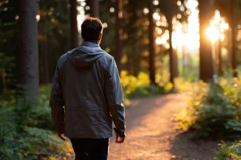 Man walking in the forest with the sun on the horizon 